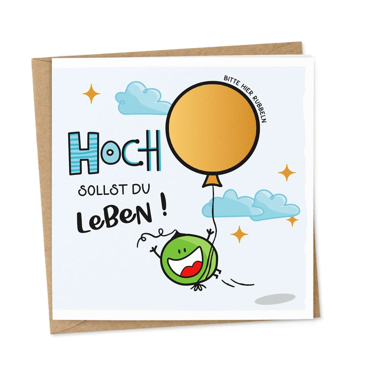 Vorderseite der Rubbelkarte Hoch sollst du leben mit goldenem Ballon