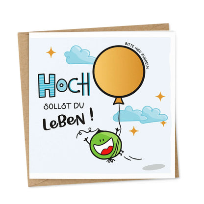 Vorderseite der Rubbelkarte Hoch sollst du leben mit goldenem Ballon