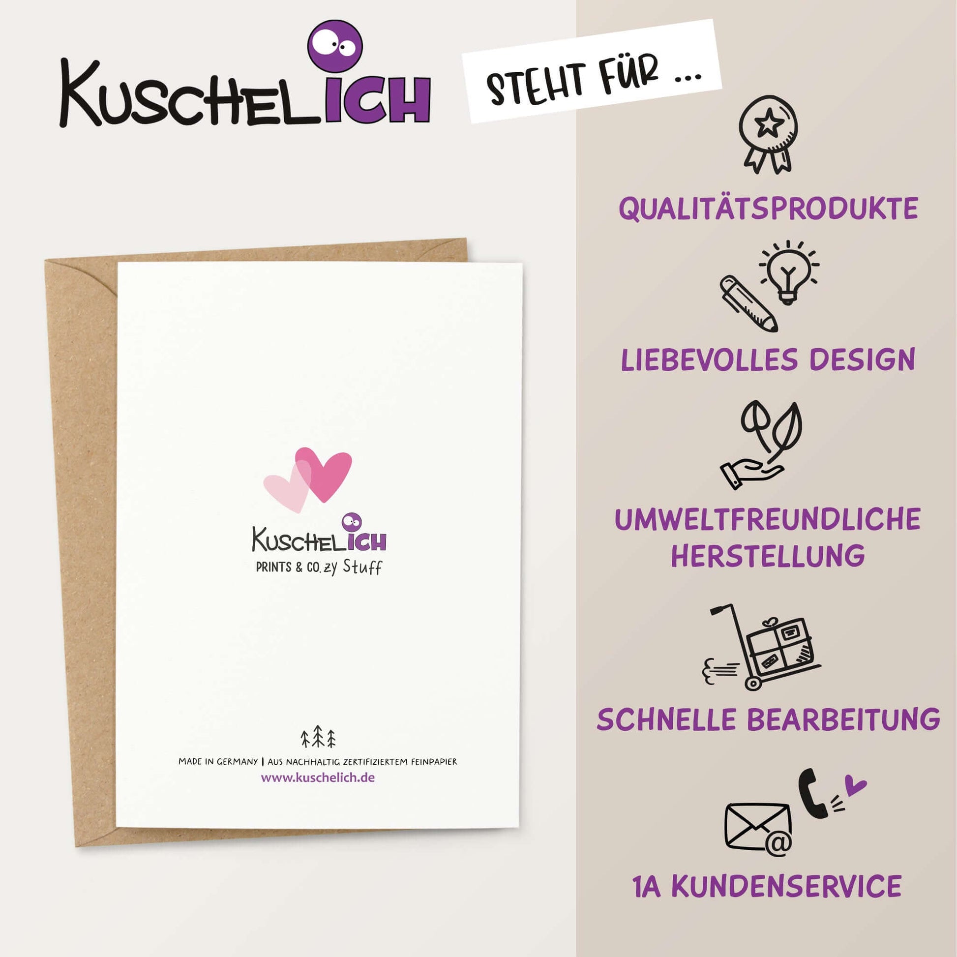 Rückseite der Grußkarte Always & Forever mit Kuschelich Logo und Nachhaltigkeitshinweis