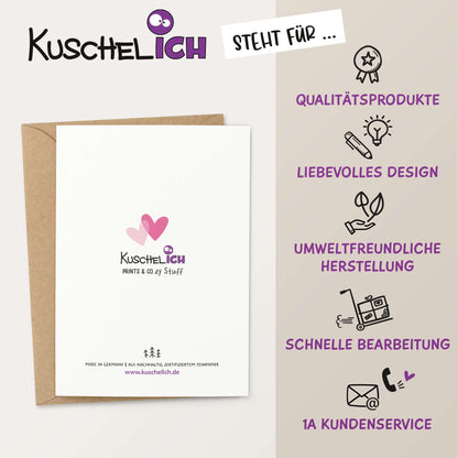 Rückseite der Grußkarte Always & Forever mit Kuschelich Logo und Nachhaltigkeitshinweis
