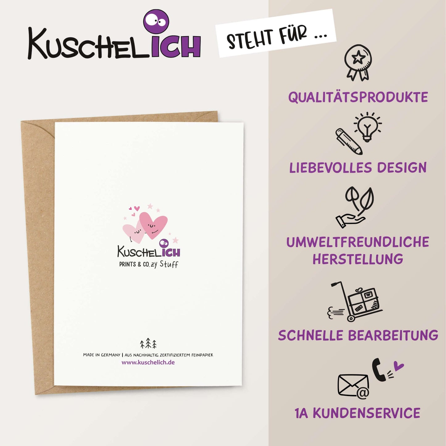 Rückseite der KuschelICH Karte – nachhaltige Herstellung, Made in Germany.