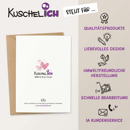 Rückseite der KuschelICH Karte – nachhaltige Herstellung, Made in Germany.