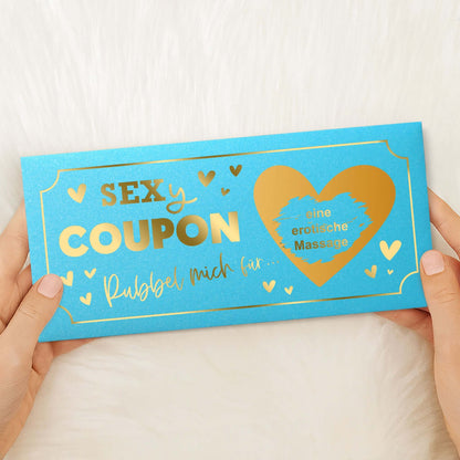 Sexy Coupon Rubbelkarte personalisiert – Gutschein für eine erotische Massage in blauer Ausführung.