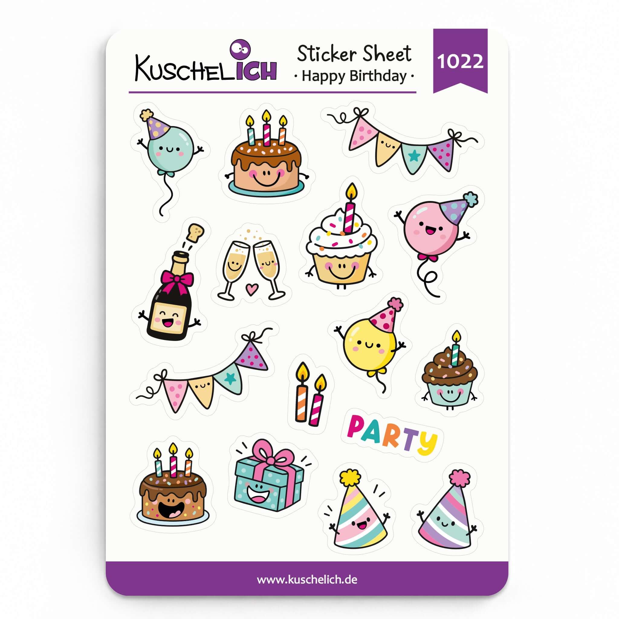Sticker Sheet Happy Birthday im A6-Format mit 16 Geburtstags-Aufklebern