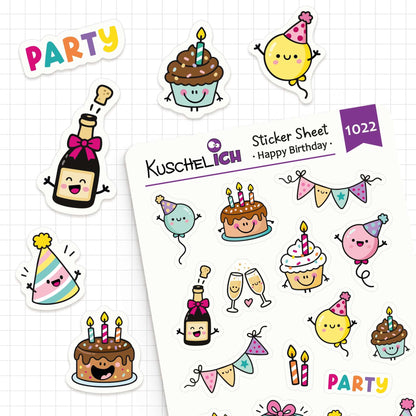 Happy Birthday Sticker Sheet mit bunten Aufklebern für Feierlichkeiten und Planer.