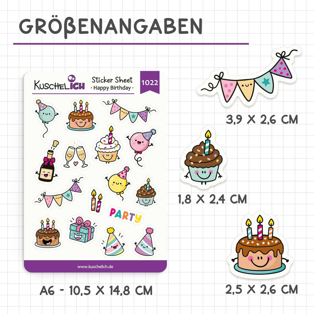 Größenangaben: Stickerbogen A6, Sticker 1,8 × 2,4 cm bis 3,9 × 2,6 cm