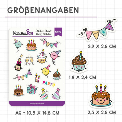 Größenangaben: Stickerbogen A6, Sticker 1,8 × 2,4 cm bis 3,9 × 2,6 cm