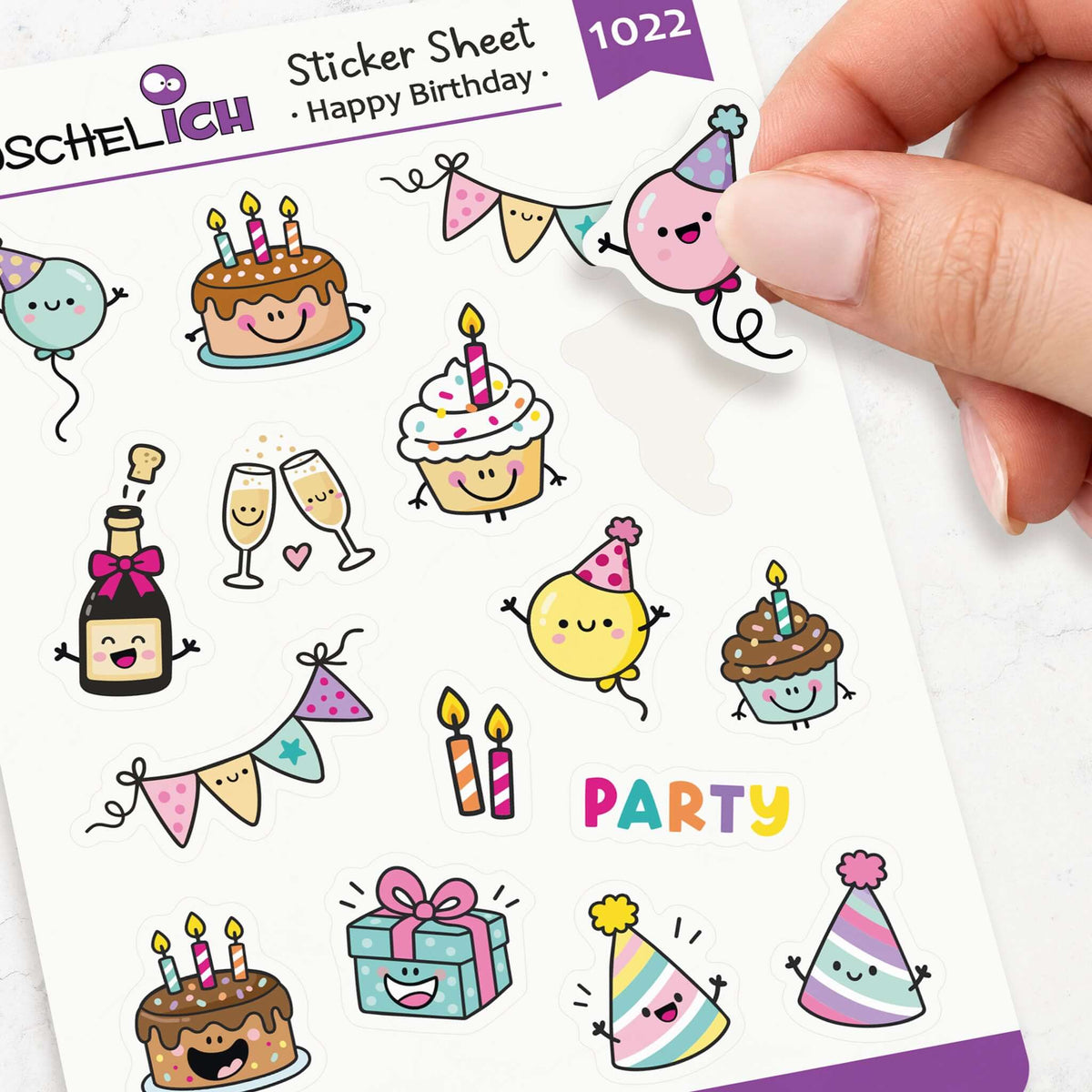 Hand zieht einen rosa Luftballon-Sticker vom Geburtstags-Stickerbogen ab