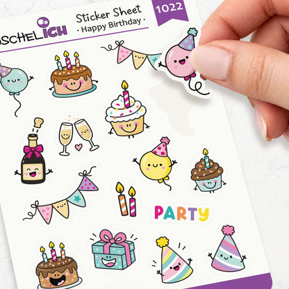 Hand zieht einen rosa Luftballon-Sticker vom Geburtstags-Stickerbogen ab