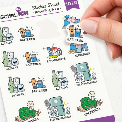 Stickerblatt Recycling & Co mit Sperrmüll Sticker, Batterien und Altglas für Kalender und Planer.