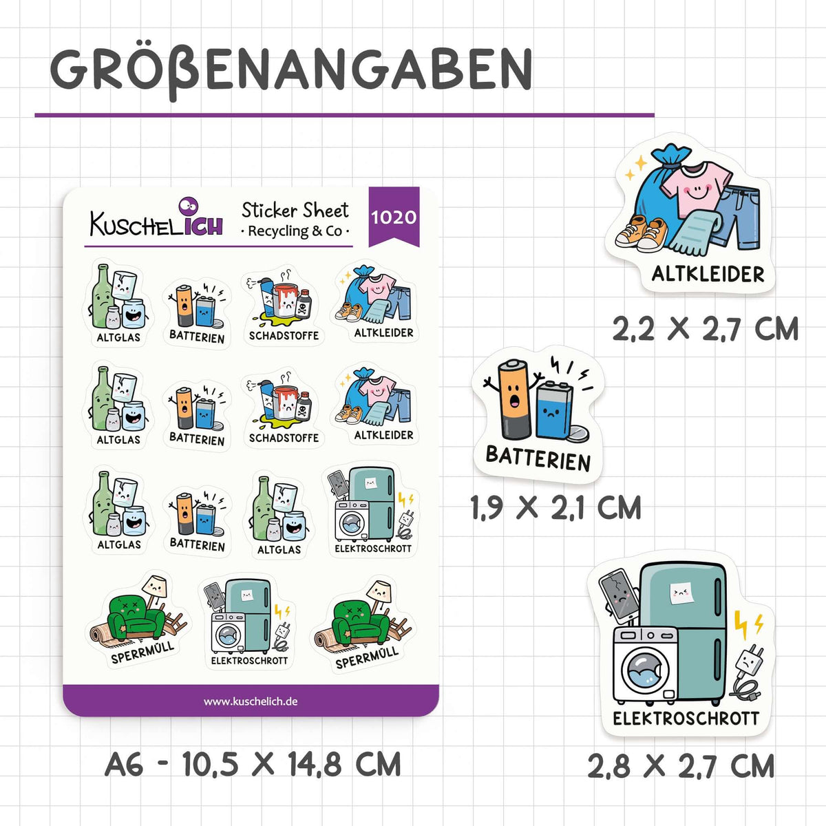 Größenangaben Sticker Sheet A6 und Einzelsticker in cm – KuschelICH