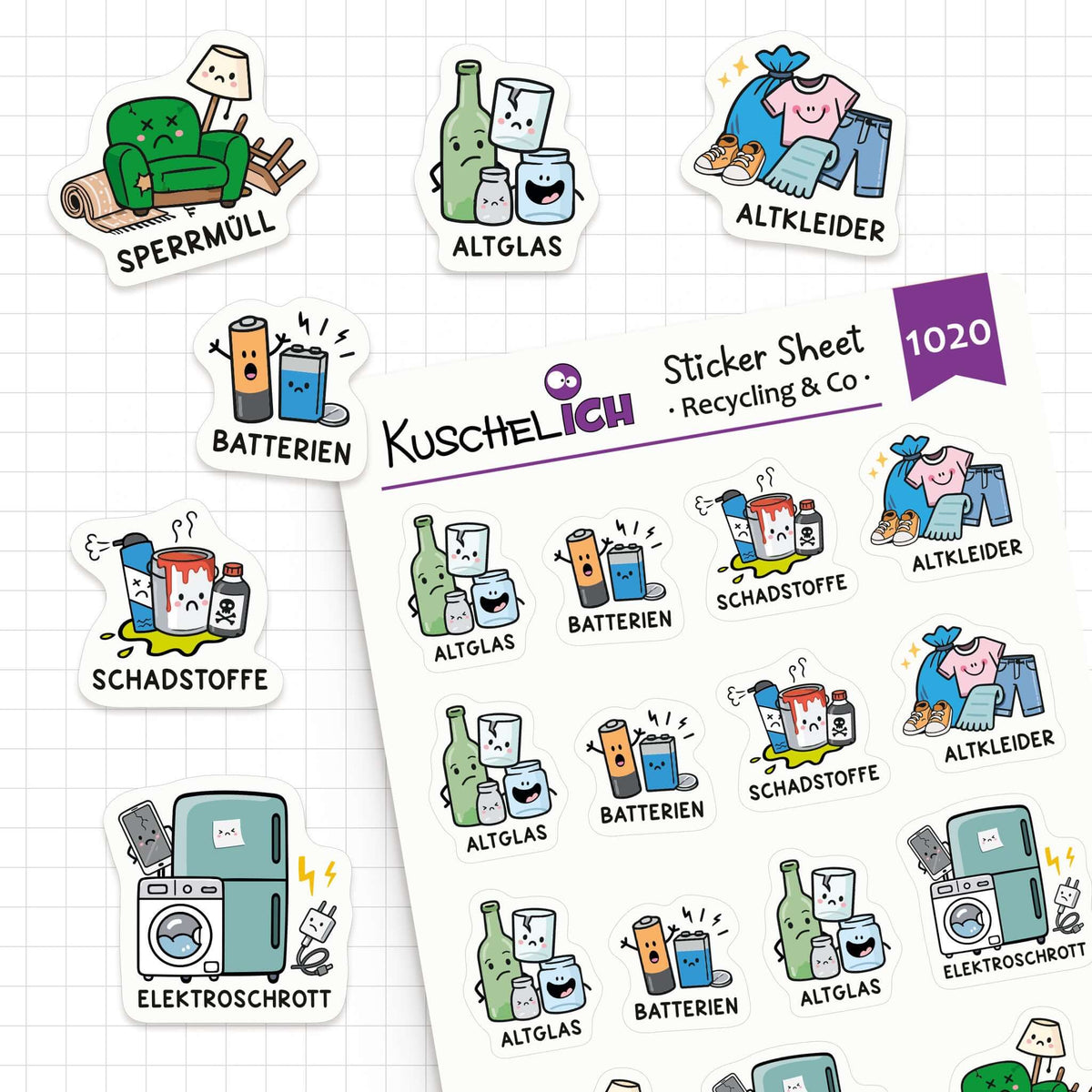 Müllabfuhr-Sticker Sperrmüll, Altglas, Altkleider, Batterien, Schadstoffe, Elektroschrott – KuschelICH