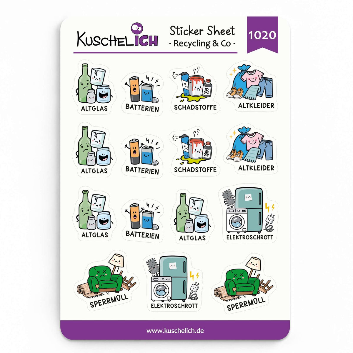 Sticker Sheet Recycling & Co mit 15 Müllabfuhr-Stickern – A6-Bogen – KuschelICH