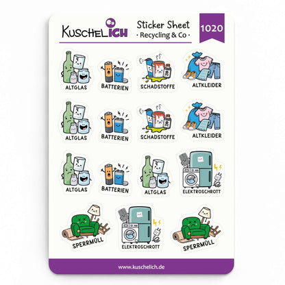Sticker Sheet Recycling & Co mit 15 Müllabfuhr-Stickern – A6-Bogen – KuschelICH