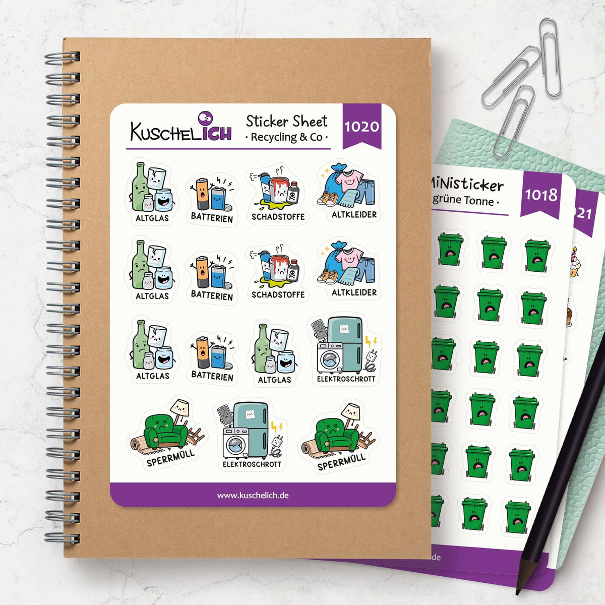 Sticker Sheet Recycling & Co auf Kraftpapier-Notizbuch – Planer-Sticker – KuschelICH
