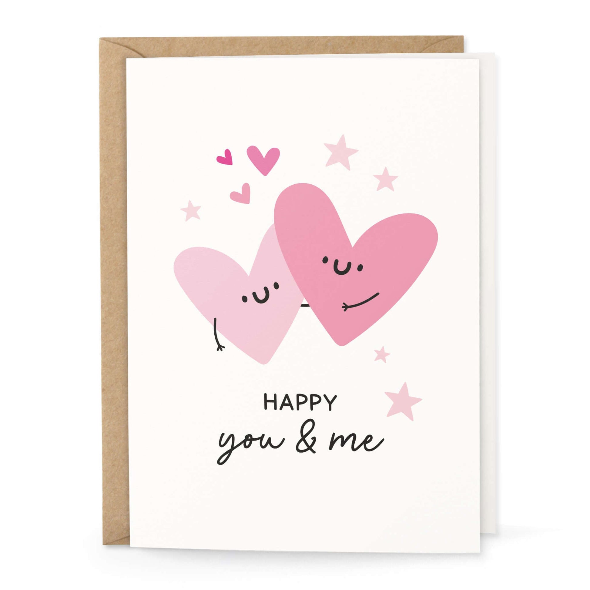 Valentinskarte „Happy you & me“ mit rosa Herzen – Hauptmotiv auf weißem Feinpapier, A6.