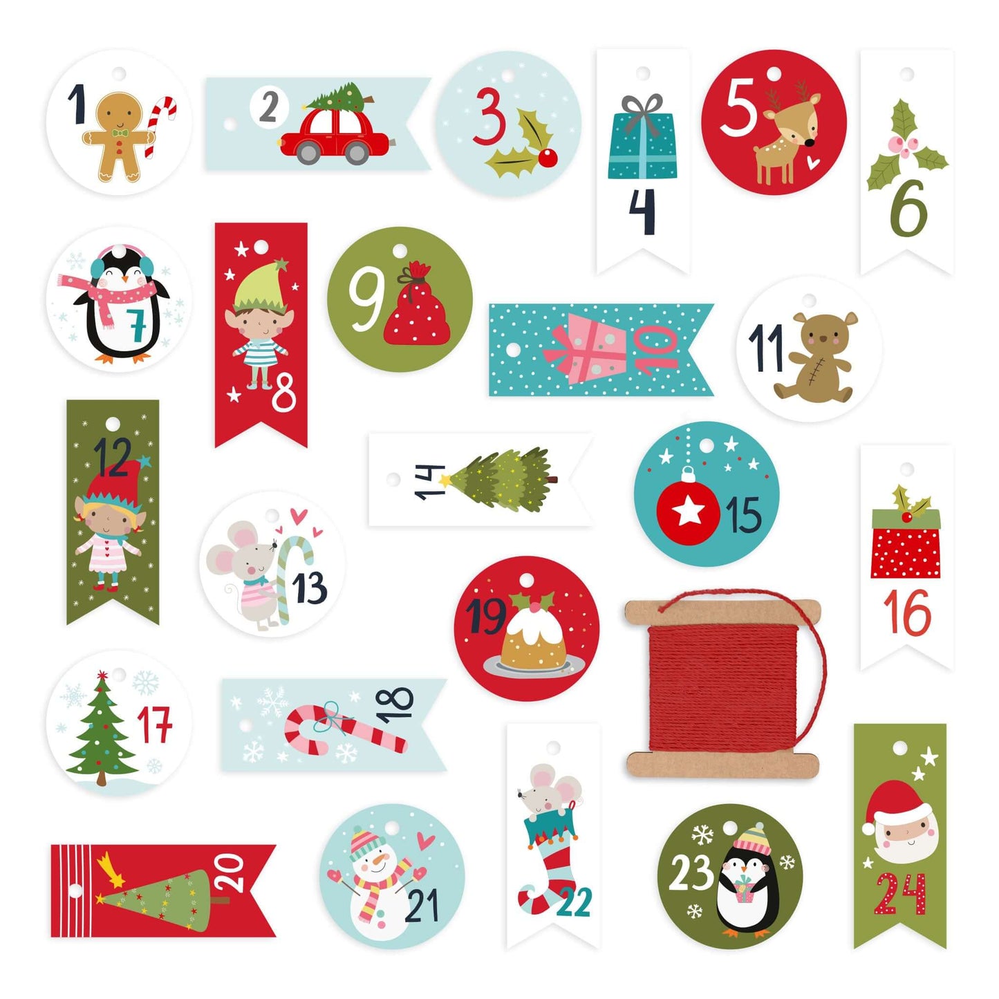 Zahlenanhänger 1–24 mit kindlichen Weihnachtsmotiven, Set-Übersicht mit roter Kordel