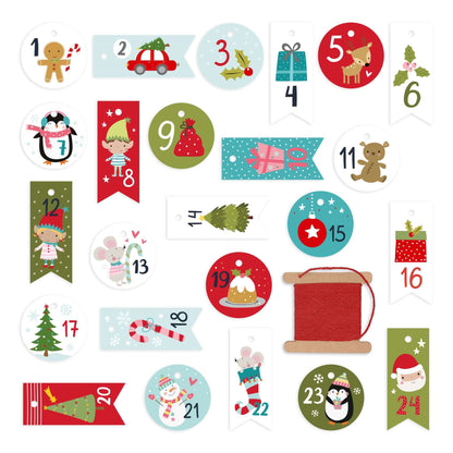 Zahlenanhänger 1–24 mit kindlichen Weihnachtsmotiven, Set-Übersicht mit roter Kordel