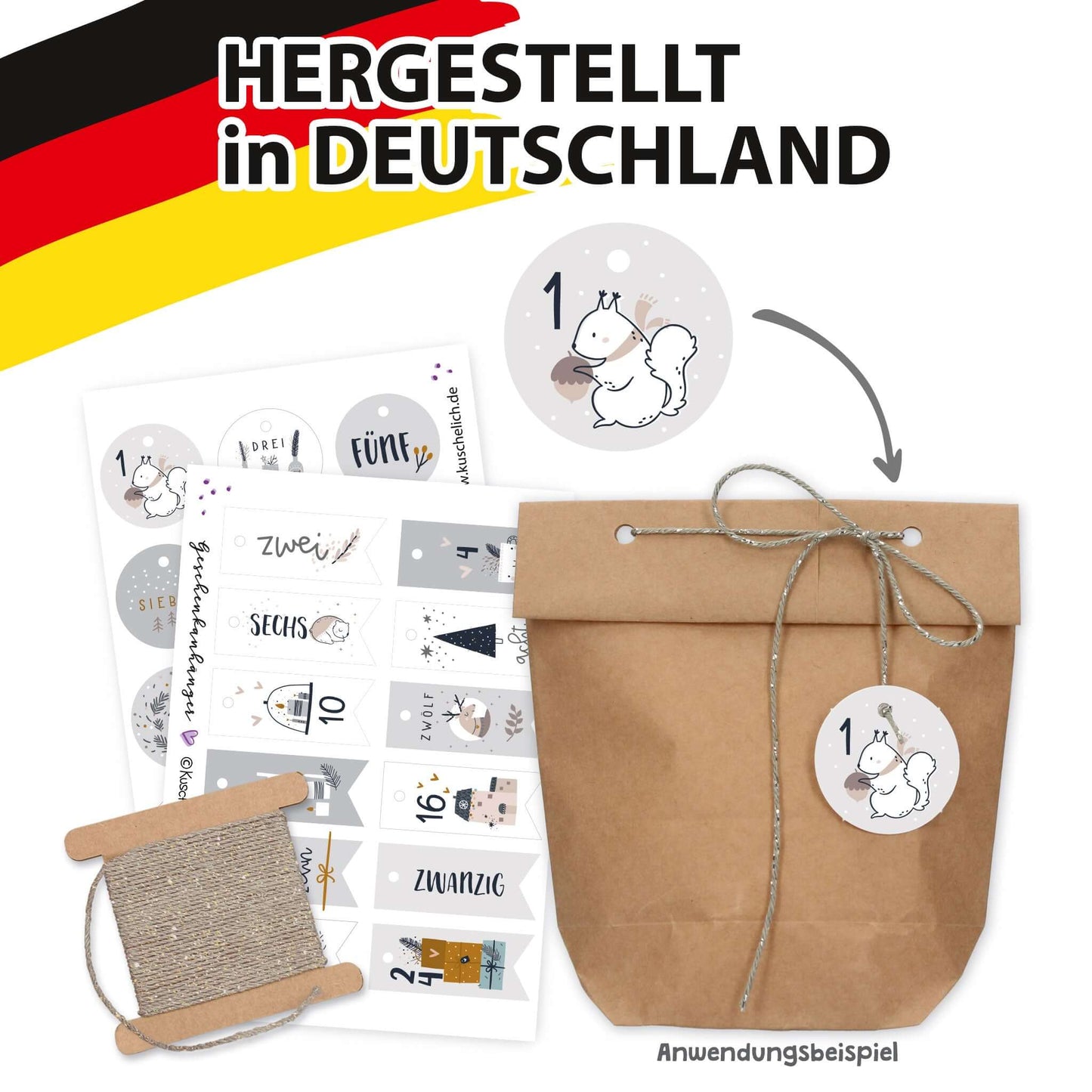 Anwendung an Geschenktüte mit Zahl 1, Set hergestellt in Deutschland