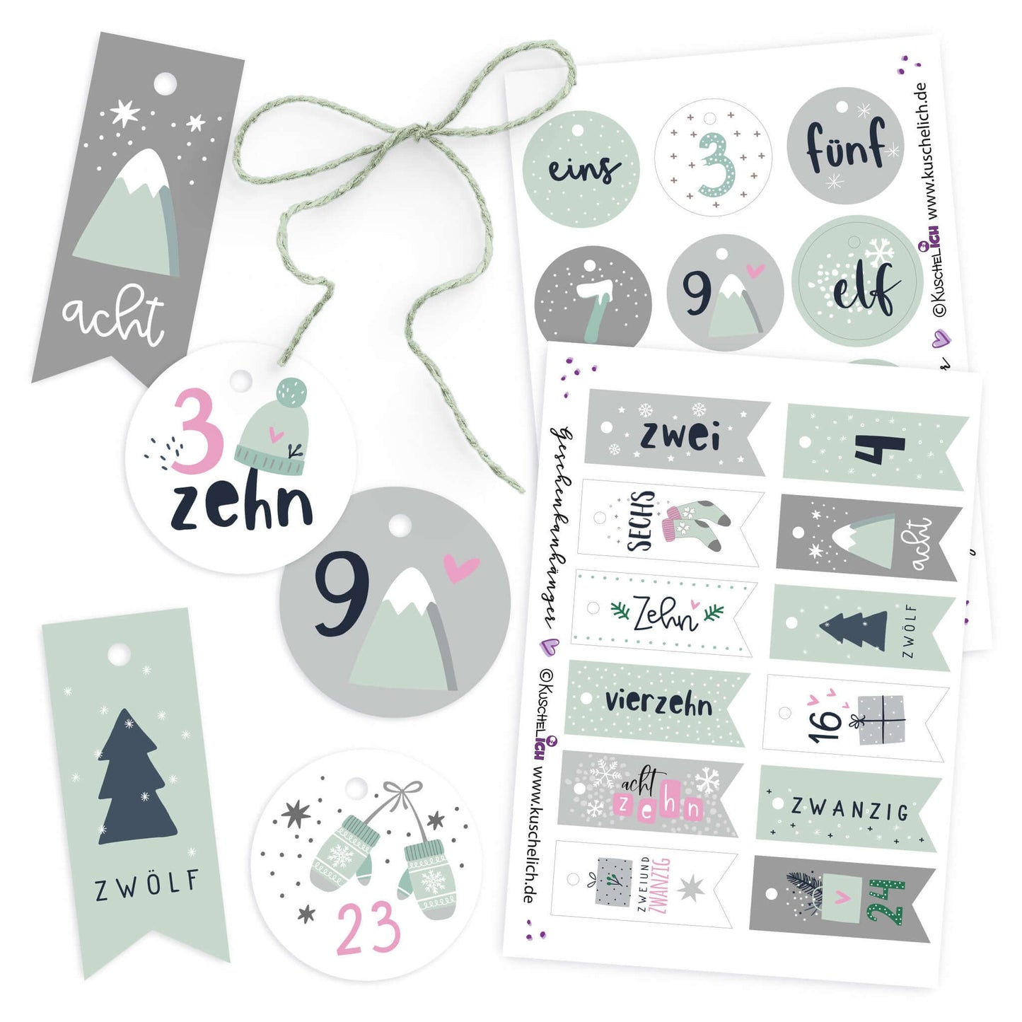 Detailansicht der runden und Wimpel-Anhänger in Mint-Grau, Druckbögen