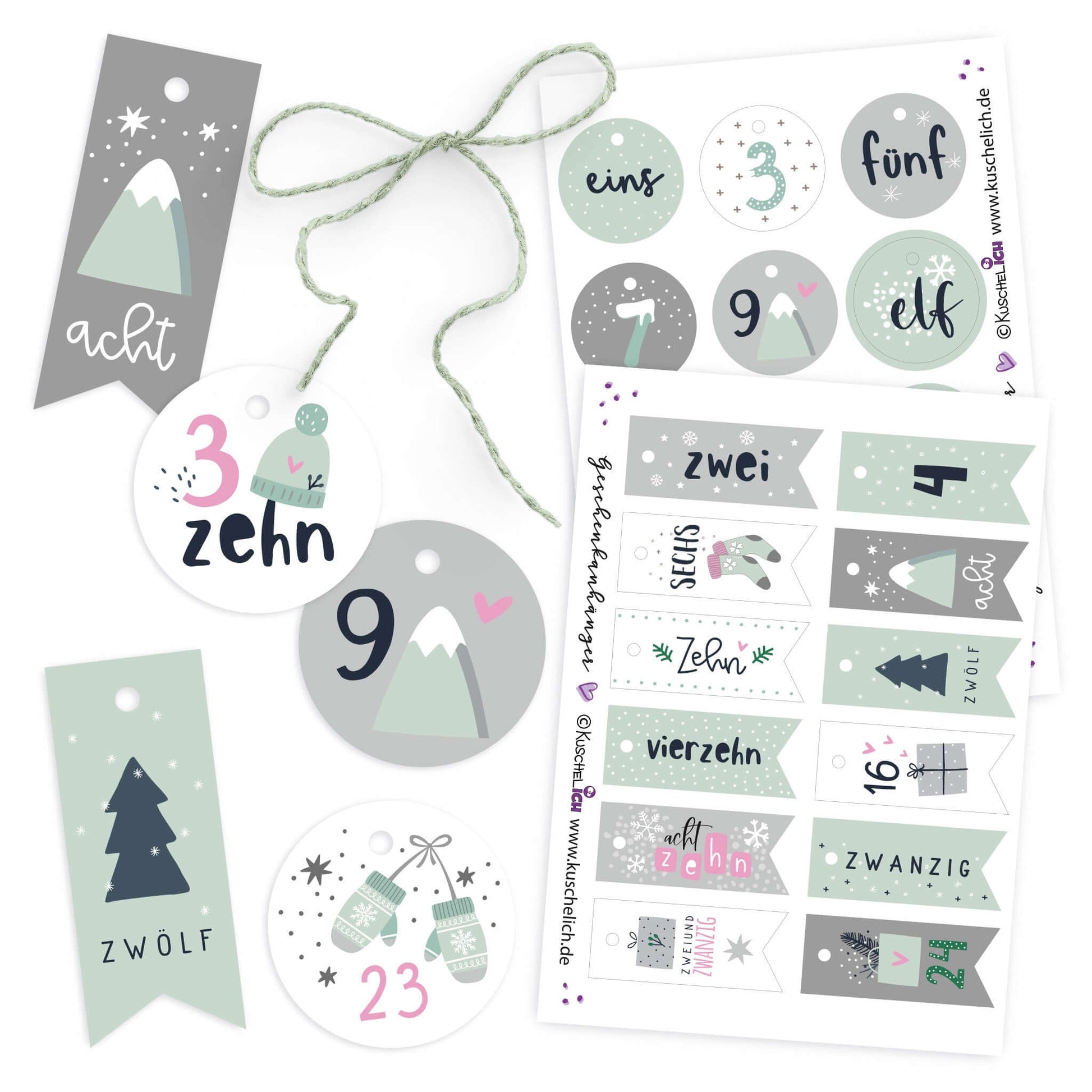 Detailansicht der runden und Wimpel-Anhänger in Mint-Grau, Druckbögen