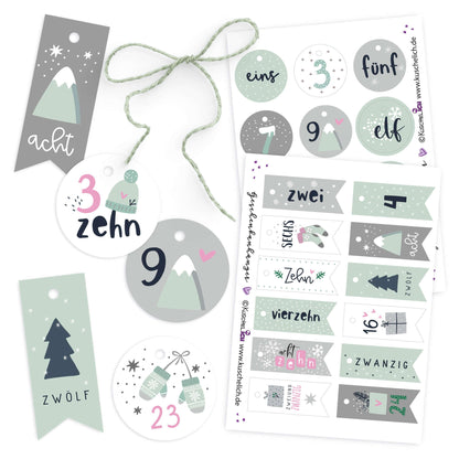 Detailansicht der runden und Wimpel-Anhänger in Mint-Grau, Druckbögen