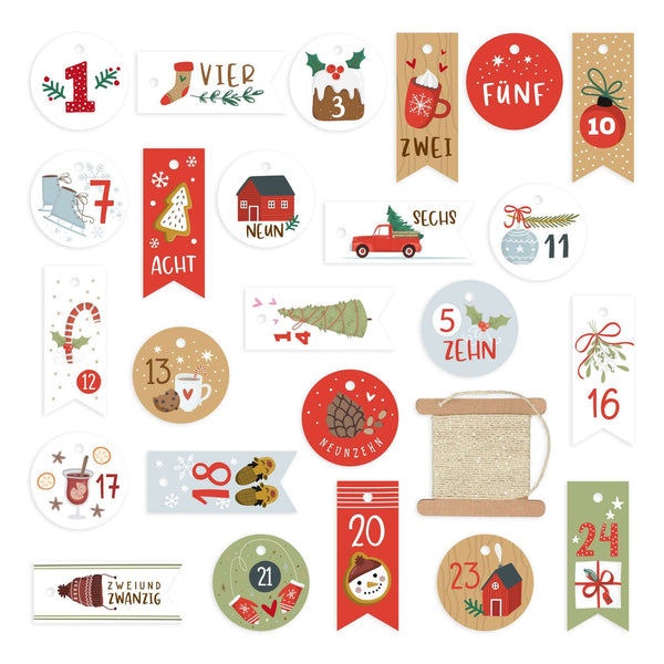 Zahlenanhänger 1–24 in Rot, Grün und Braun, Set-Übersicht mit Kordel