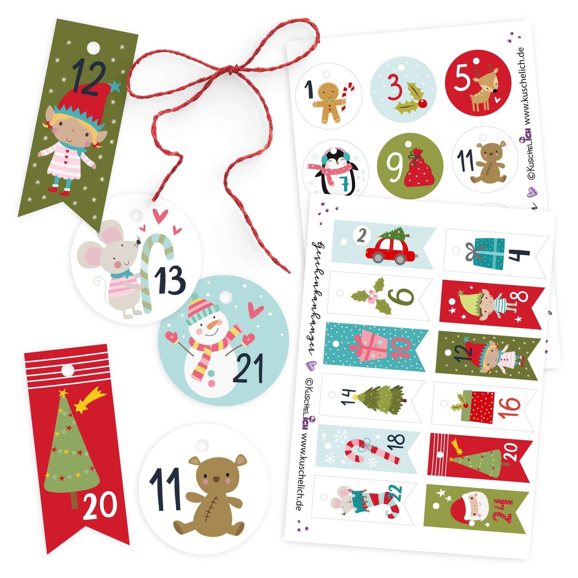 Detailbögen mit runden und Wimpel-Anhängern, bunte Illustrationen für Kinder