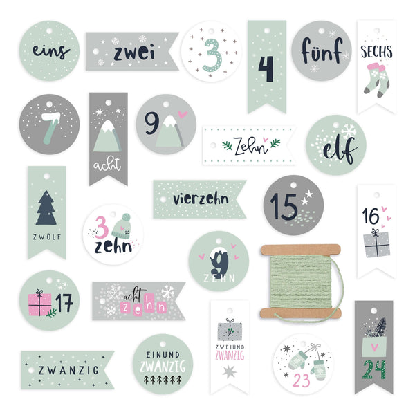 Zahlenanhänger 1–24 für Adventskalender in Mint und Grau, Set-Übersicht mit Kordel