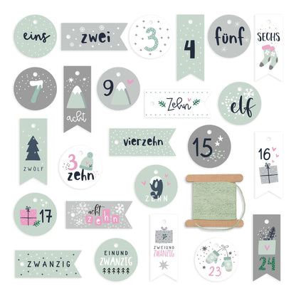 Zahlenanhänger 1–24 für Adventskalender in Mint und Grau, Set-Übersicht mit Kordel