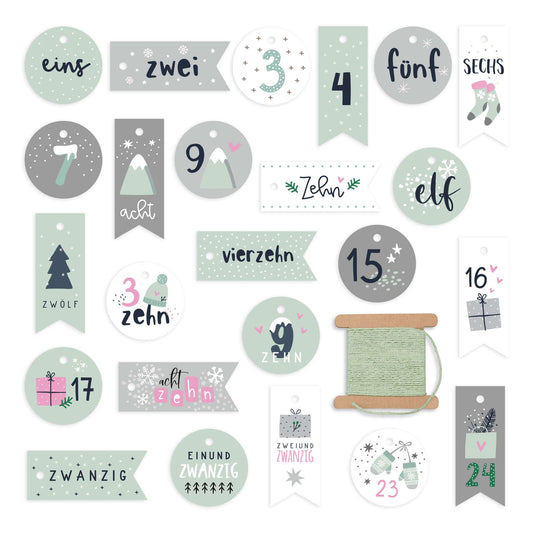 Zahlenanhänger 1–24 für Adventskalender in Mint und Grau, Set-Übersicht mit Kordel