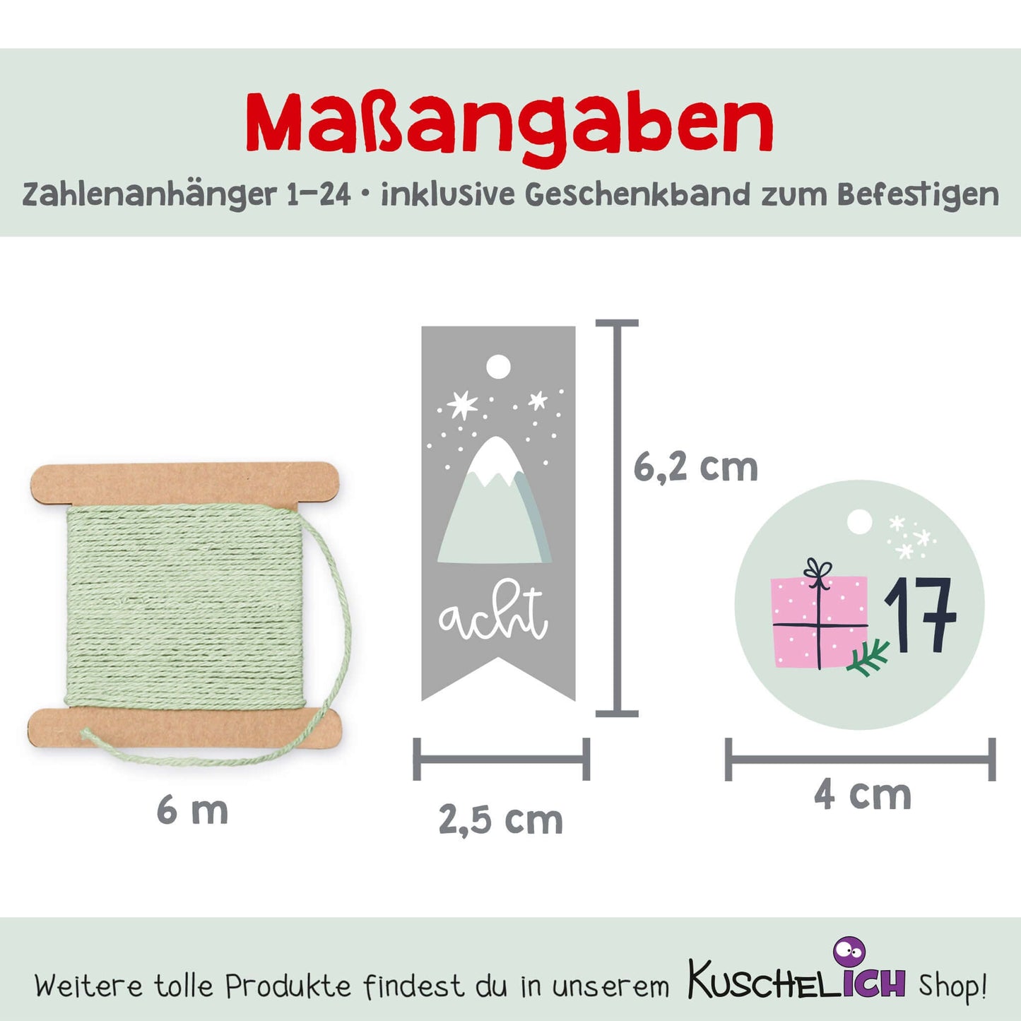 Größenangaben: Rund Ø 4 cm, Wimpel 2,5 × 6,2 cm, inklusive 6 m Kordel in Mint