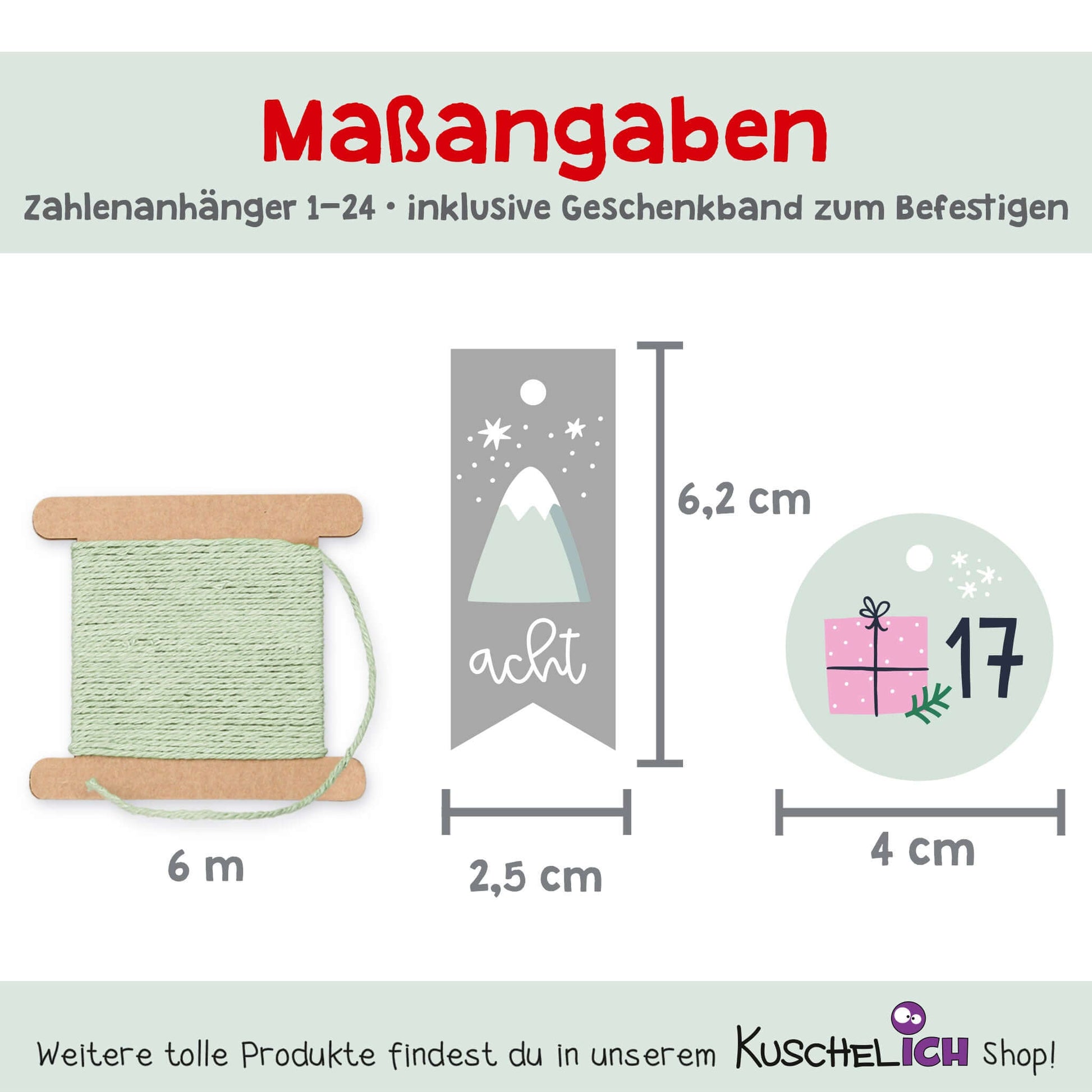Größenangaben: Rund Ø 4 cm, Wimpel 2,5 × 6,2 cm, inklusive 6 m Kordel in Mint