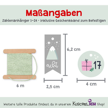 Größenangaben: Rund Ø 4 cm, Wimpel 2,5 × 6,2 cm, inklusive 6 m Kordel in Mint