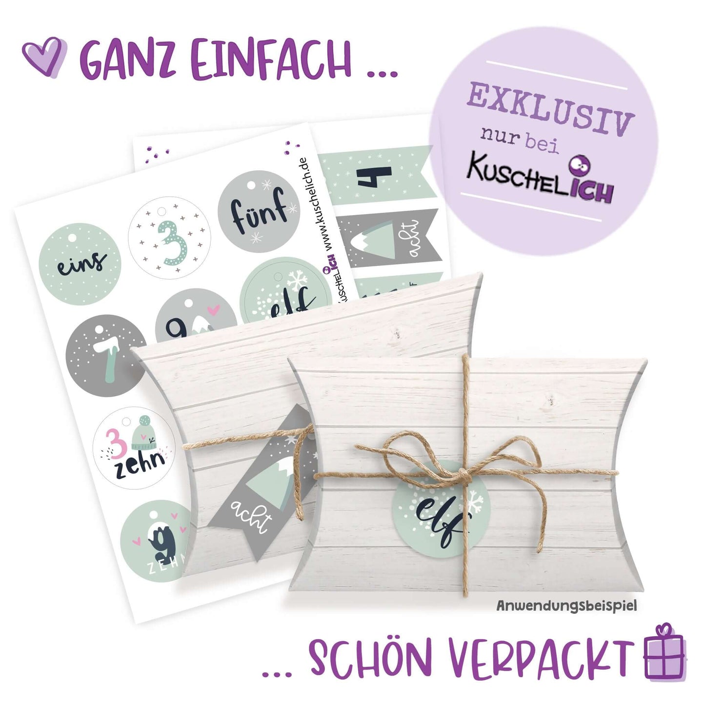 Bögen mit mint-grauen Zahlenanhängern, schön verpackt als Geschenkidee