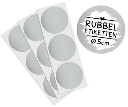 Selbstklebendes Rubbeletikett zum Aufkleben, rund mit silberner Rubbelschicht