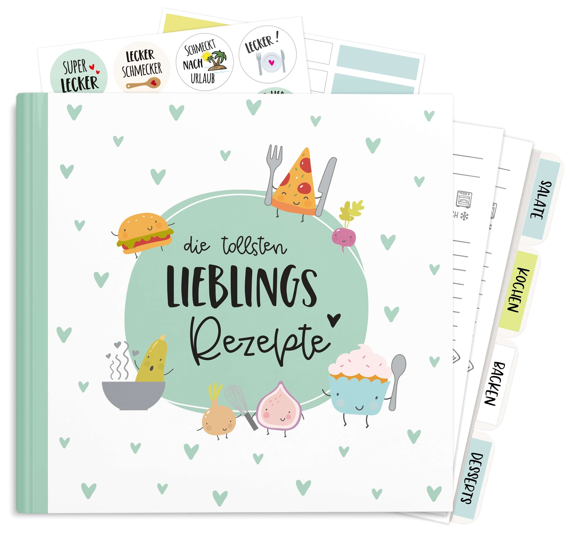 Rezeptordner für Liebelingsrezepte. Komplettset mit 40 Rezeptseiten und Register zum Organisieren.