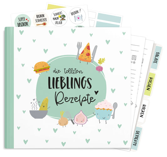 Rezeptordner für Liebelingsrezepte. Komplettset mit 40 Rezeptseiten und Register zum Organisieren.