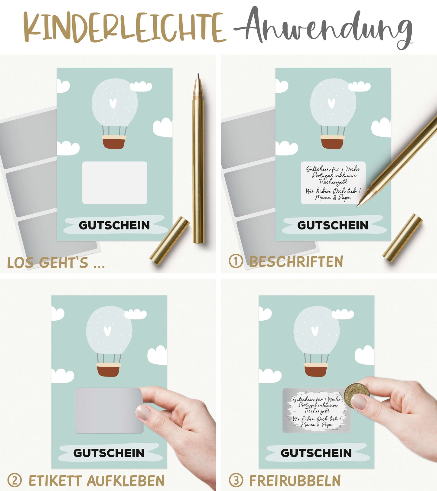 Anwendung des Rubbelaufklebers: Beschriften, Rubbeletikett drüber kleben, dann freirubbeln