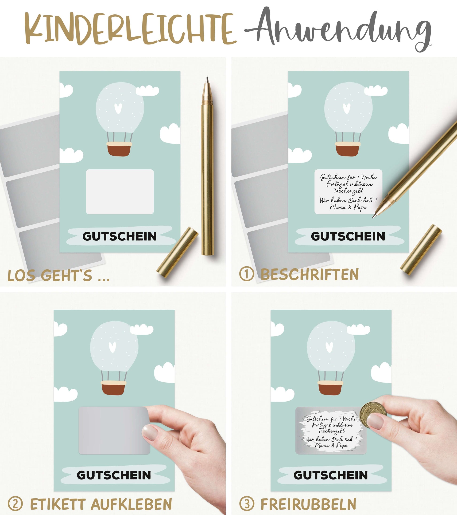 Anwendung des Rubbelaufklebers: Beschriften, Rubbeletikett drüber kleben, dann freirubbeln