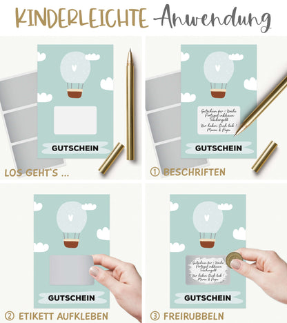 Anwendung des Rubbelaufklebers: Beschriften, Rubbeletikett drüber kleben, dann freirubbeln