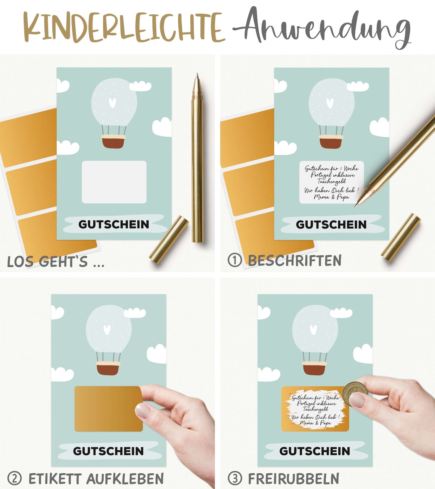 Anwendung: Beschriften, Rubbeletikett drüber kleben, dann freirubbeln