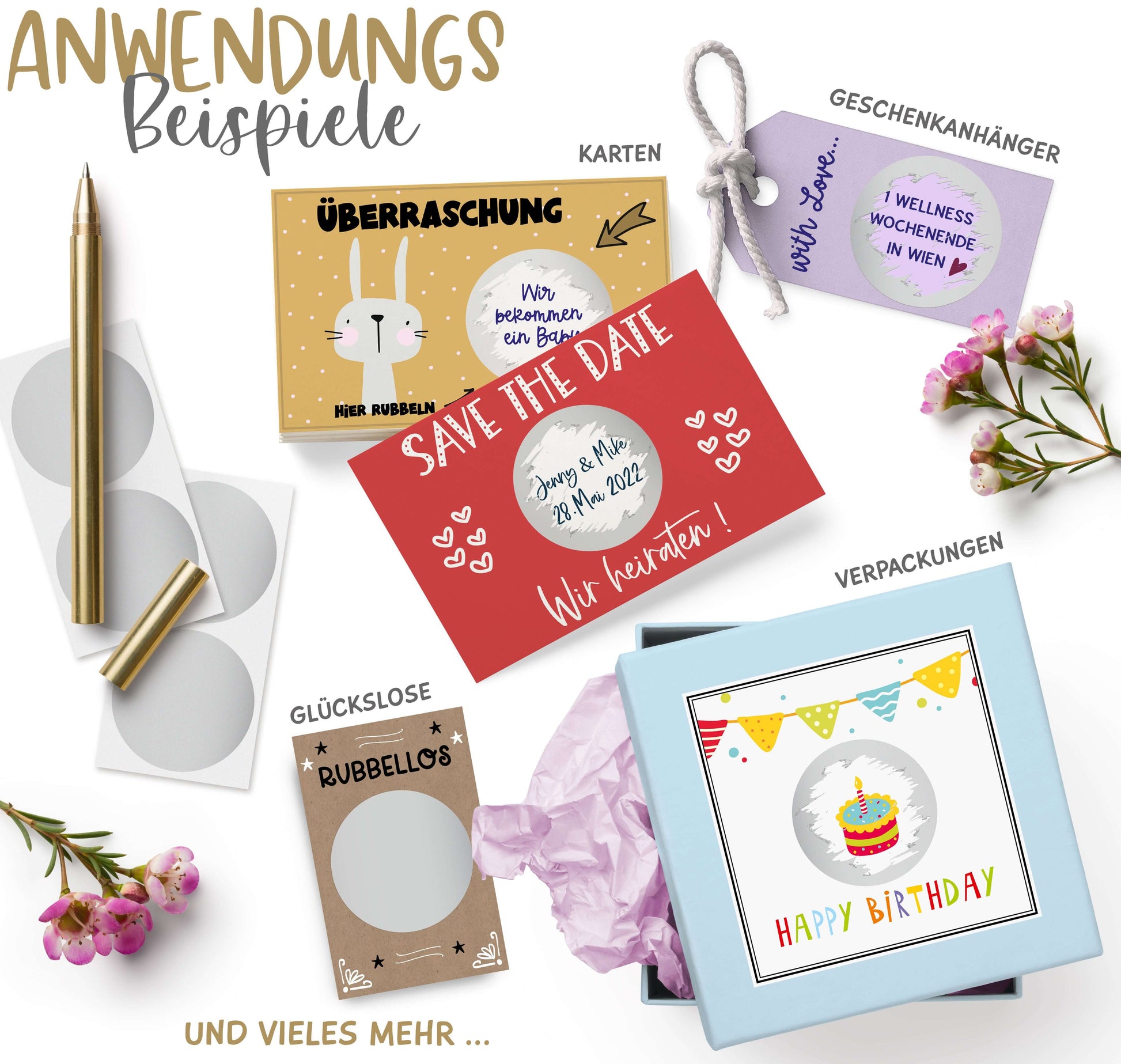 Anwendungsbeispiele Rubbeletiketten zum Aufkleben, Rubbelaufkleber, Scratch Off Sticker