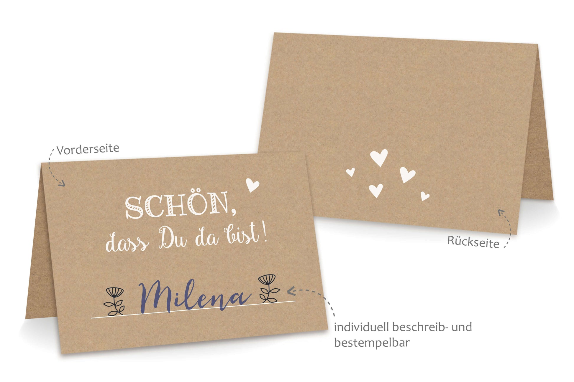 Beschriftung Tischkarten "Schön, dass Du da bist!" Kraftpapier weiß