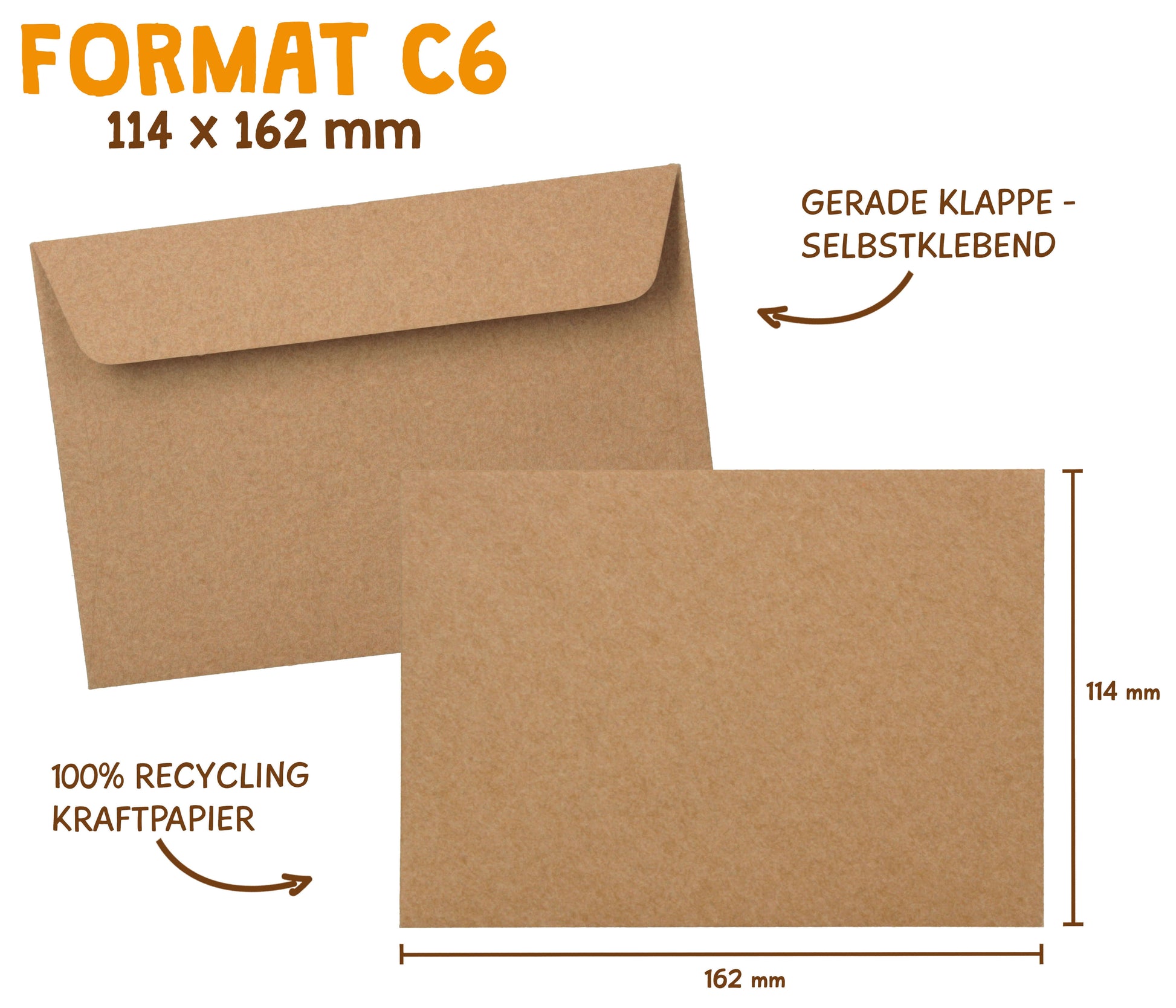 Briefumschlag braunes Recycling Kraftpapier: DIN C6 Maße 114 mal 162 Millimeter