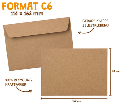 Briefumschlag braunes Recycling Kraftpapier: DIN C6 Maße 114 mal 162 Millimeter