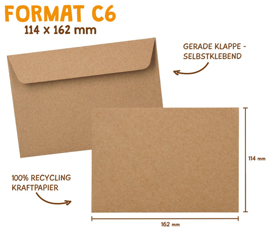 Briefumschlag braunes Recycling Kraftpapier: DIN C6 Maße 114 mal 162 Millimeter