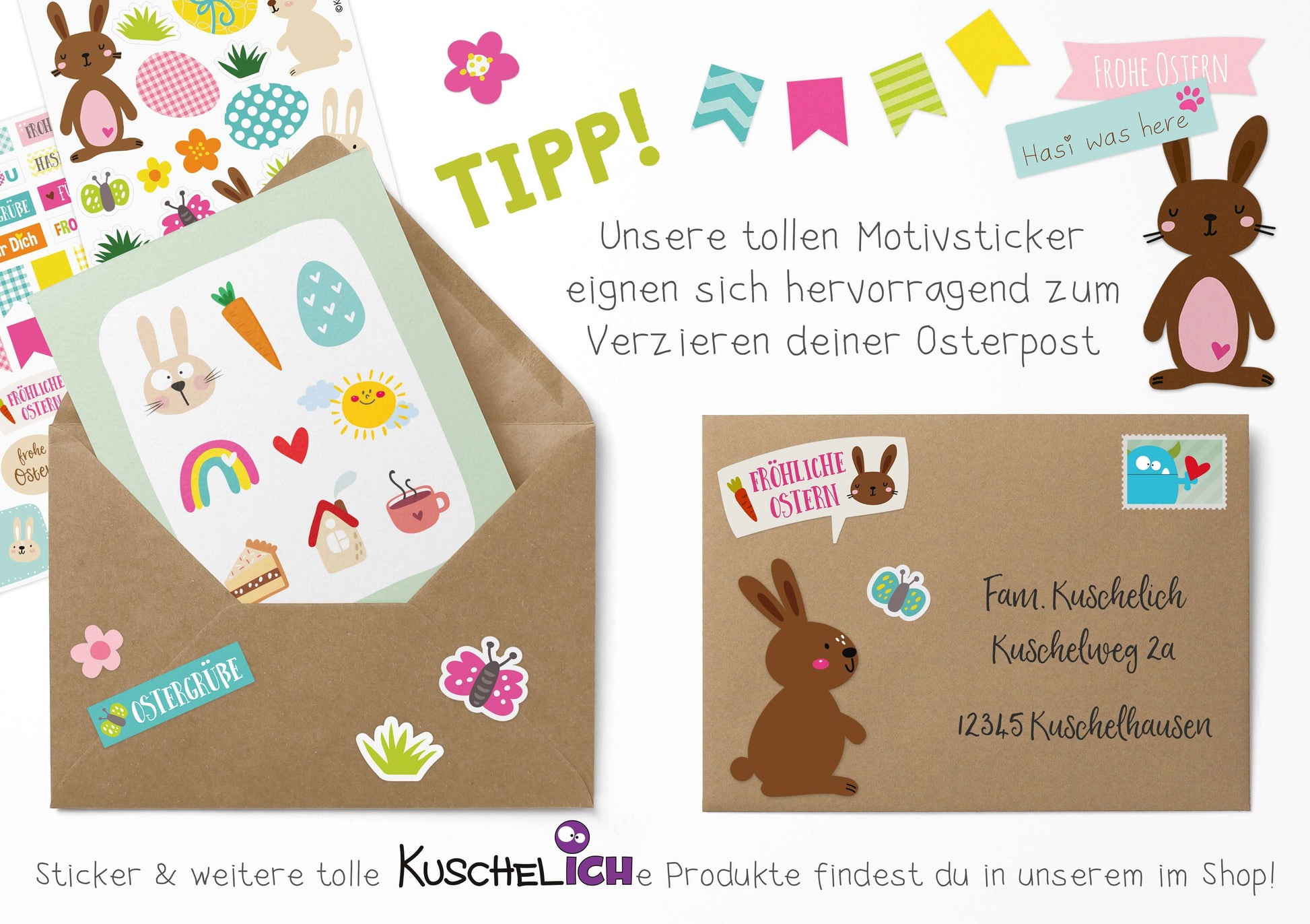 Postkarte Frohe Ostern Osterkarte Hinweis Osteraufkleber zum Verzieren