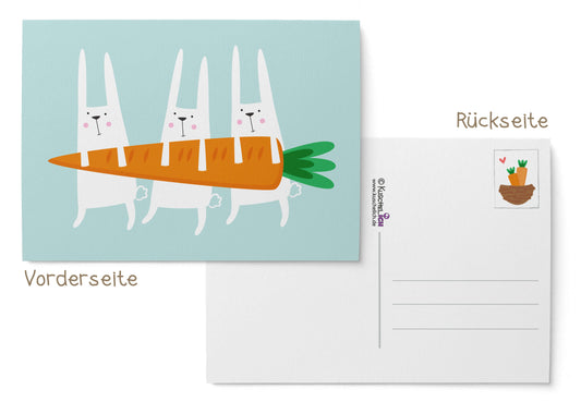 Postkarte Osterhasen mit Möhre Osterkarte Vorderseite & Rückseite