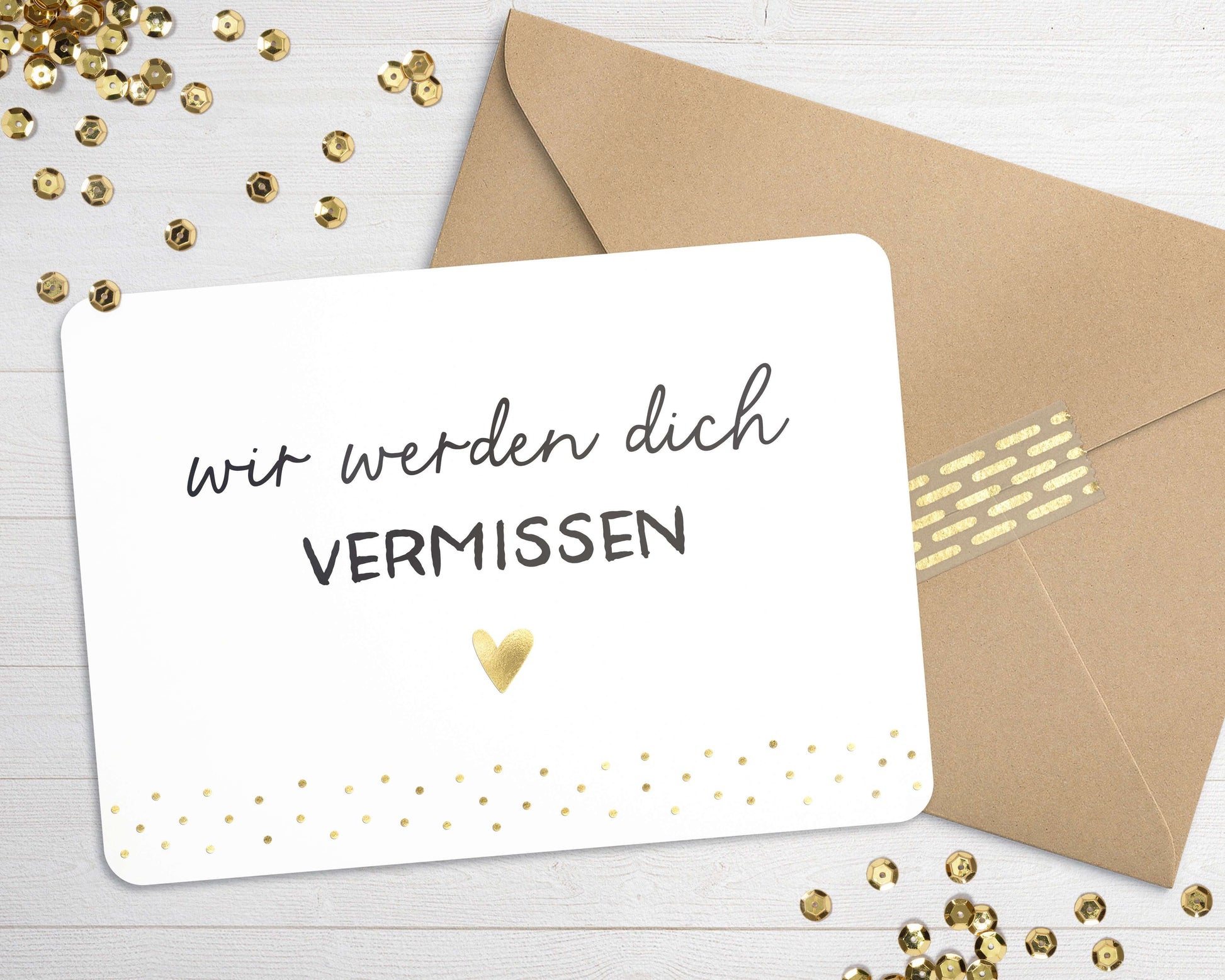 Karte "wir werden dich VERMISSEN" mit Briefumschlag mit Herz